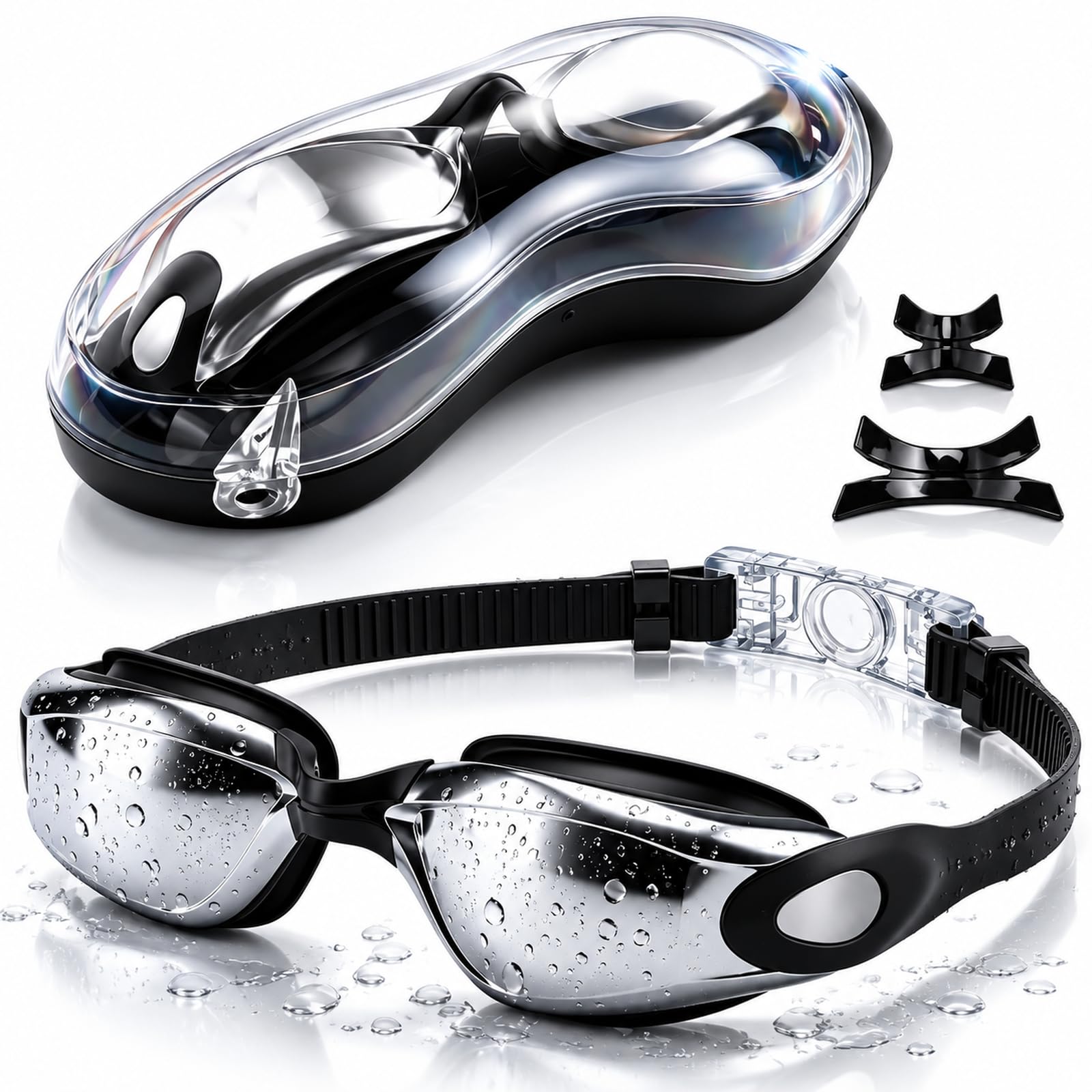 Swim Goggles - Anti-Fog Mirrored Lens, 180° Wide, 3 Nose Pads