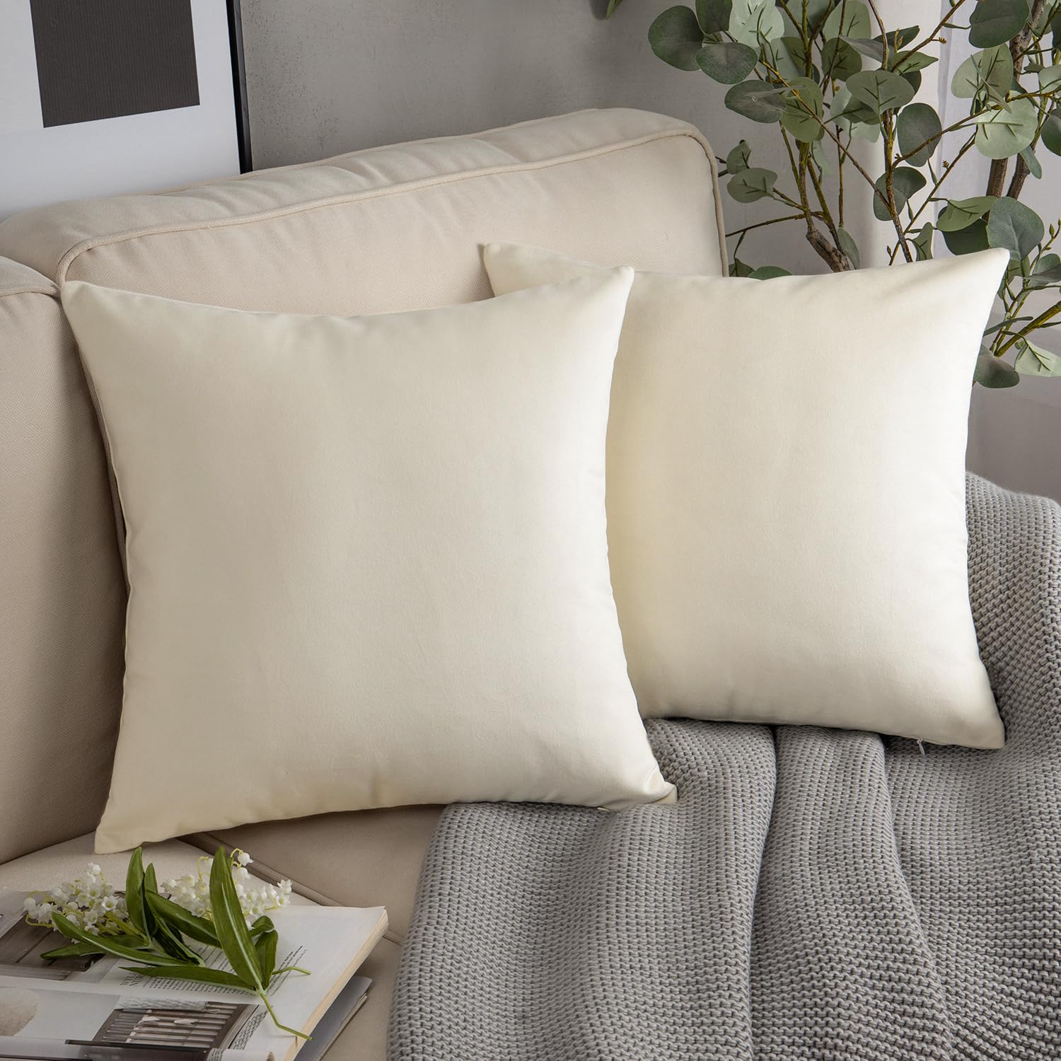 Phantoscope Pack of 2 Velvet Decorative Throw Decorative Pillow Cover Soft Solid Square Cushion Case for Couch Off White 18 x 18 inches 45 x 45 cm