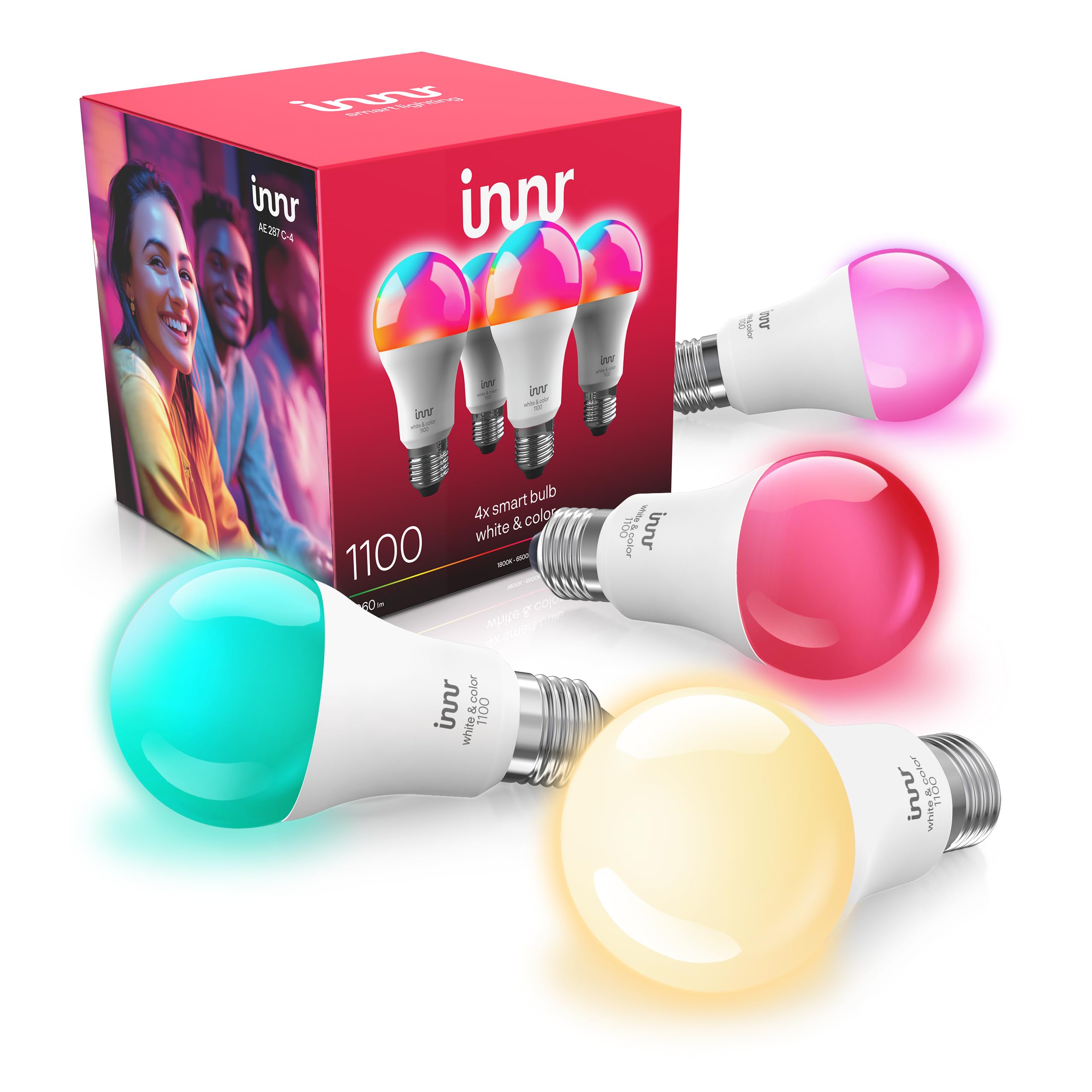 innr Zigbee A19 Smart Bulb, Works with Hue*, Alexa, SmartThings, White & Color, 40% More Brightness, E26 LED Color Changing Light Bulb, Dimmable, 1100 Lumen, 4-Pack