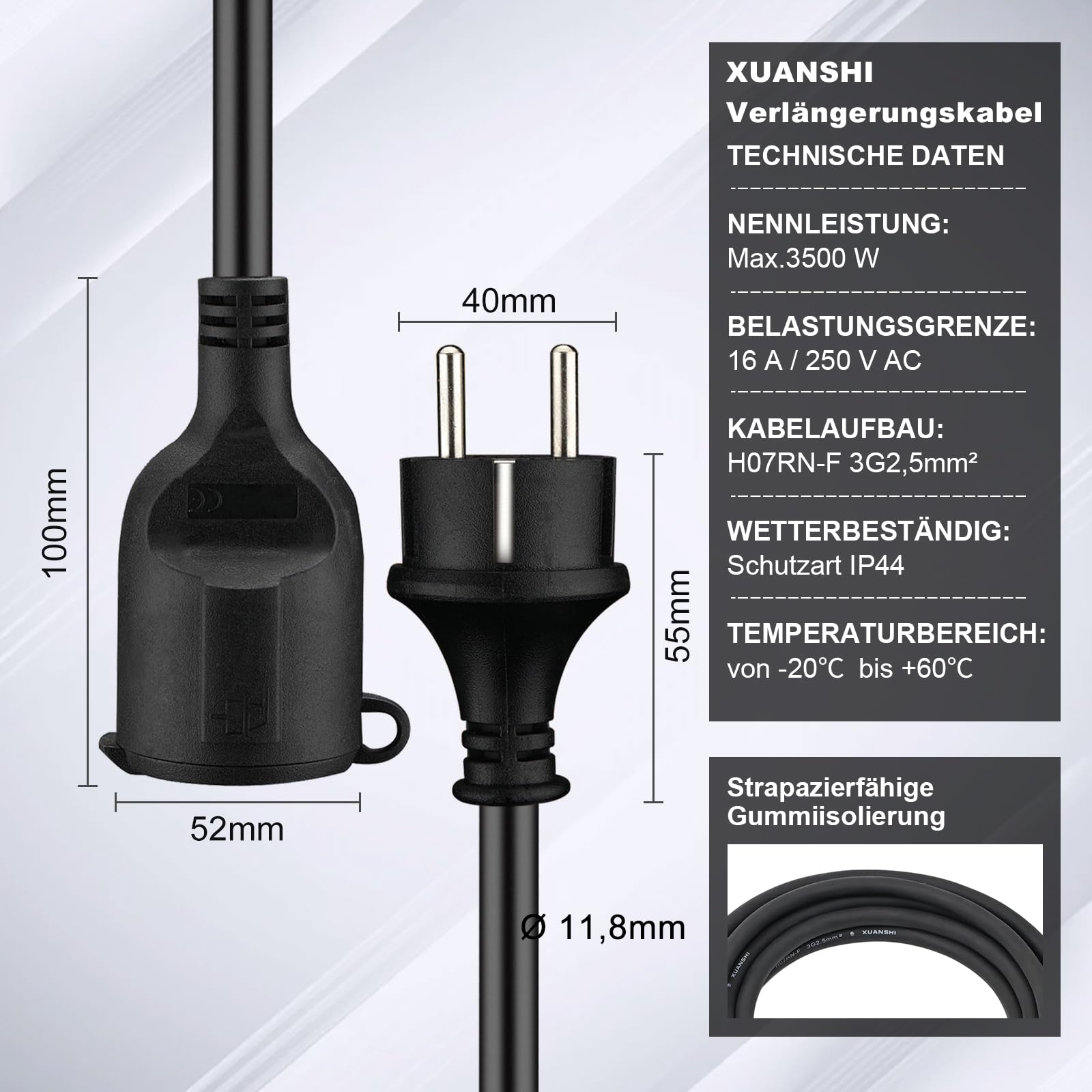 XUANSHI Cable alargador exterior de 10 m con tapa protectora H07RN-F 3G 2,5 mm² de goma, cable de extensión para exteriores, cable de alimentación exterior con enchufe Schuko, 3500 W, 16 A 250 V