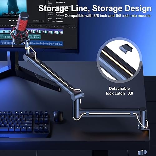 Miniatura 6 de Brazo de micrófono, Aokeo AK-58 escritorio de perfil bajo ajustable, soporte de brazo de micrófono, adecuado para Blue Yeti, Snowball iCE, HyperX