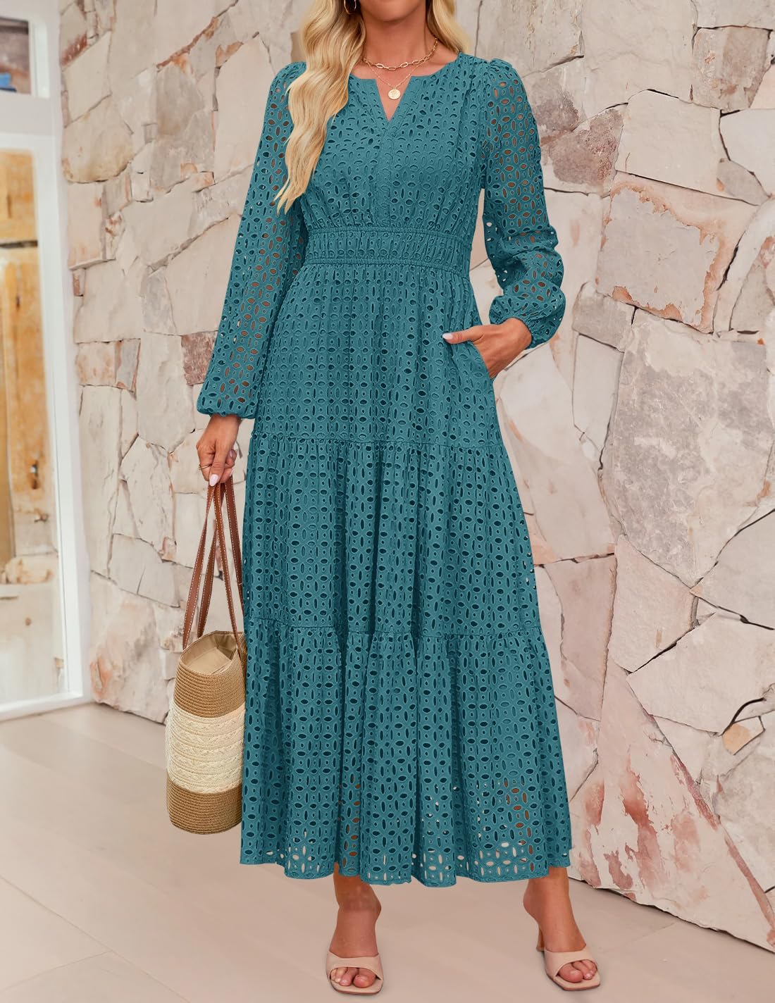ZESICA Women's 2026 Spring Long Sleeve Maxi Dress V Neck Hollow Out Eyelet A Line Long Flowy Casual Party Dresses - Image 8