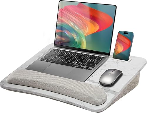 HUANUO Escritorio portátil para computadora portátil con cojín de almohada, se adapta a portátiles de hasta 15.6 pulgadas, con tira antideslizante y