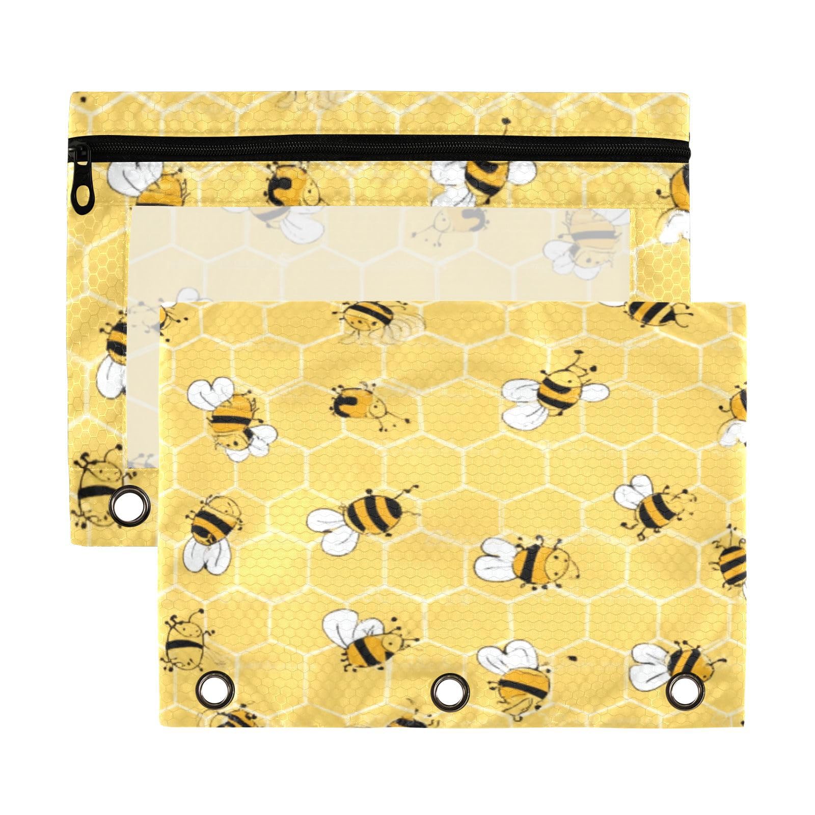 Kcldeci Pencil Pouch for 3 Ring Binder, Bees on The Honey Honeycombs 2 Pack Binder Pencil Pouch with Clear Window Pencil Bags with Zipper Pencil Case