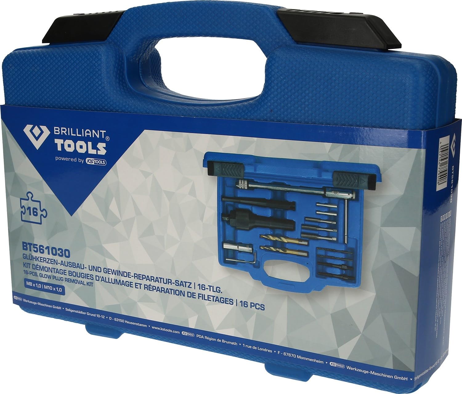 BRILLIANT TOOLS BT561030 Juego de desmontaje y reparación de roscas de bujías de incandescencia, 16 pzs [Powered by KS TOOLS]
