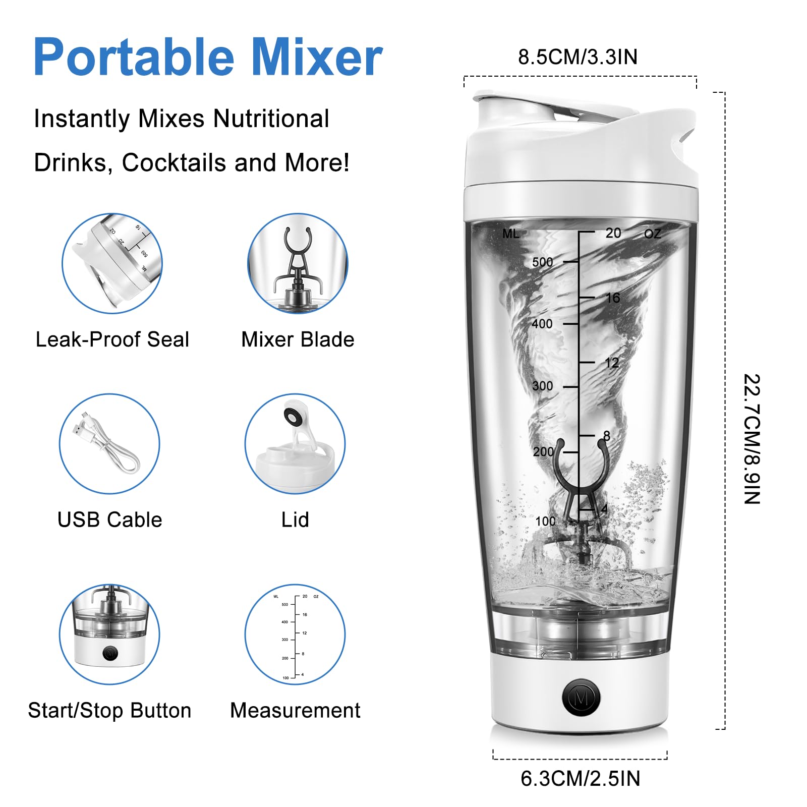 600 ml Shaker Proteine Elettrico, Bottiglia shaker, Senza BPA, Portatile Mixer Cup, Tazze Shaker ricaricabile USB C per Frullati Proteici, Protein Shaker Bottle per Frullati Proteici - bianco