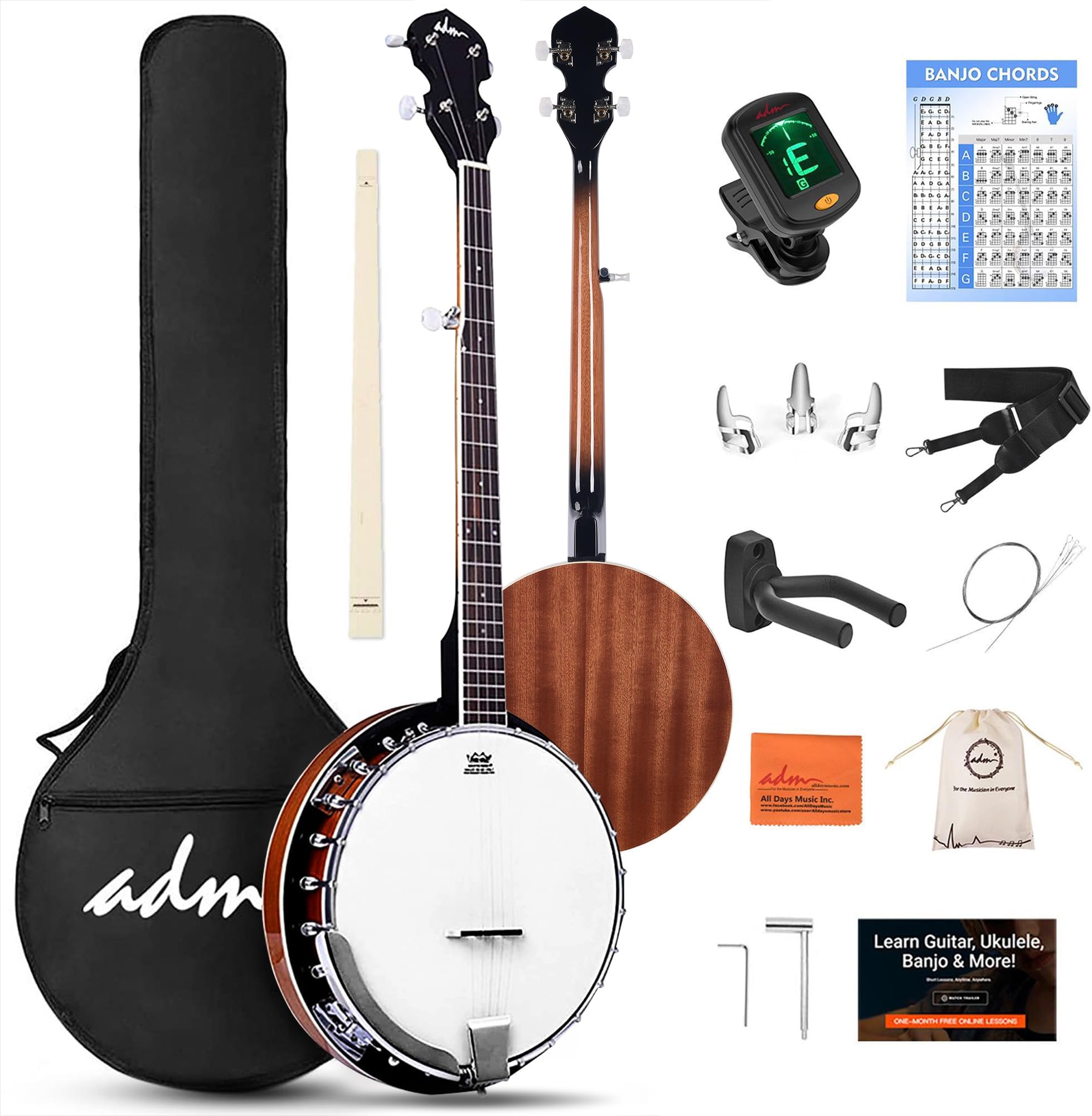 ADM Banjo 5 String Full Size Banjoes Set, 38 Inch Beginner Banjo Kit with Resonator, Remo Drum Head, Open or Closed Back, Gift Package Free Lessons Starter Accessories for Adults Teenager, Brown