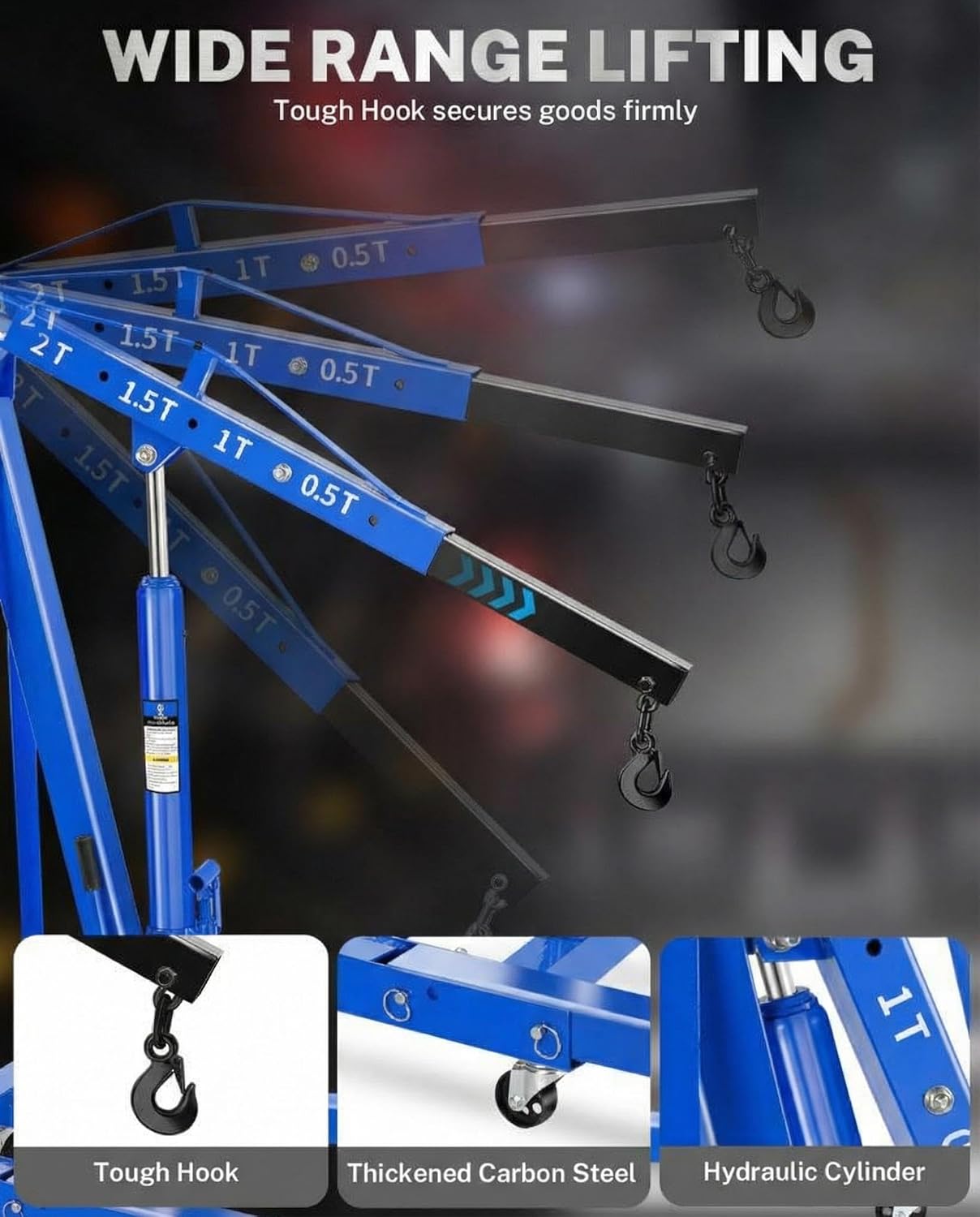 2 Ton Hydraulic Engine Hoist Crane with Lever, Folding Heavy-Duty Cherry Picker with 6 Locking Wheels & 4 Boom Positions, for Truck/SUV Engines, Garage Workshop, Industrial Lifting (Net Wt. 168 lbs)