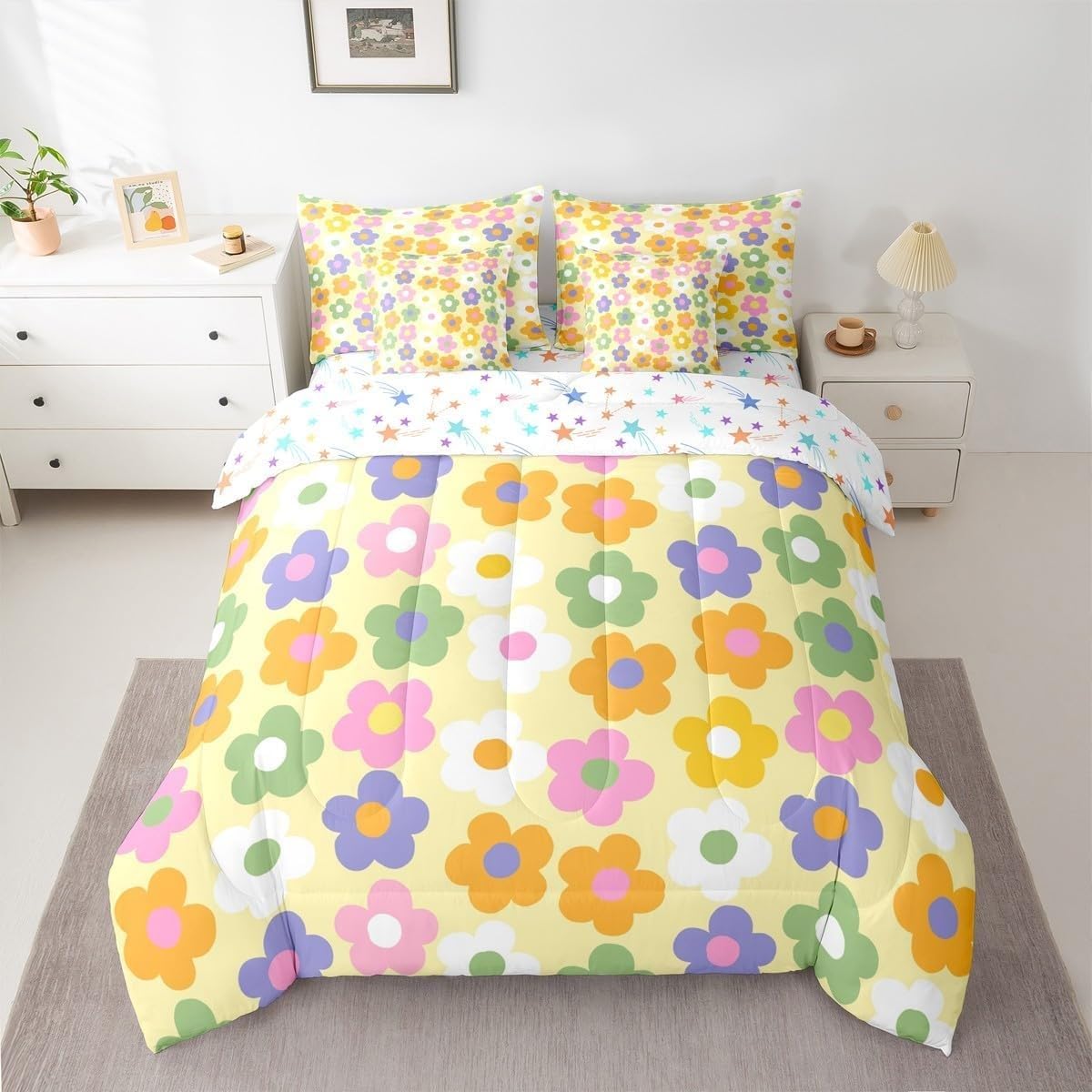 Couette 220x240 chaude jaune à motif fleur avec ses 2 taies d'oreiller pour lit 2 personnes
