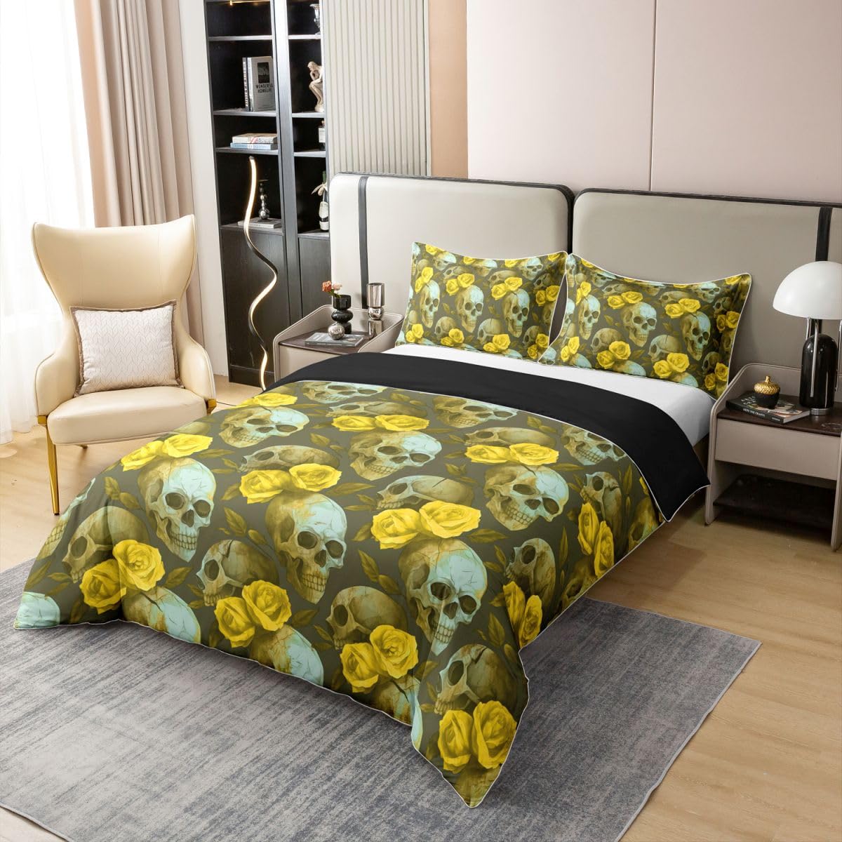 Homewish Halloween Schädel Baumwoll Bettwäsche 155x220 | Gelbe Rosenblume Deckenbezug für Teenies Erwachsene Gotisches Skelett Bettbezug Zucker Schädel Bettset 2 Teilig