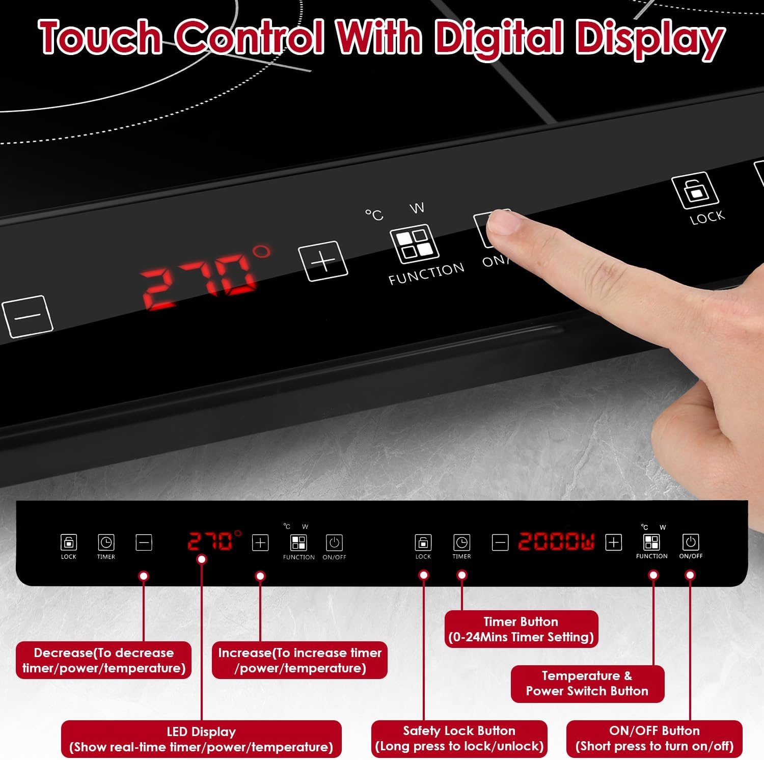 4000W Double Induction Cooktop Portable Electric Dual Burner Stove with 9 Power Levels, 9 Temperature Settings, 3H Timer, Touch Control Countertop Hot Plate for Fast Efficient Cooking