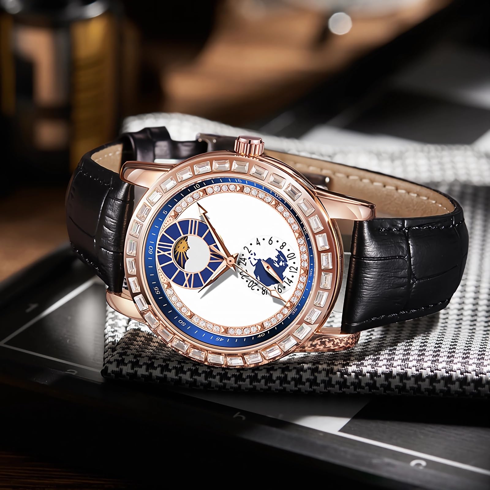 Relojes automáticos para hombre, reloj de diamante, correa de cuero, reloj mecánico de cuerda automática, sol, luna, estrella, para hombre, elección ideal para regalos