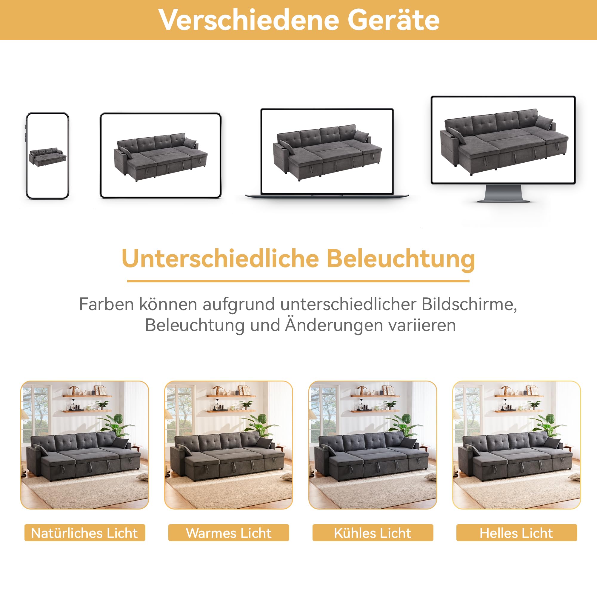 Design moderno, mobili imbottiti, divano a 4 posti, divano a forma di U, divano letto con funzione di sonno, tessuto di lino, con porta bevande, due alloggi, adatto per famiglie, soggiorni e altri