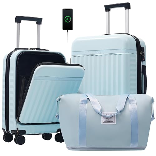 Merax Hardshell Luggage Set, 3-Piece Suitcases with Front Opening,Blue | Expandable travel luggage with double spinner wheels, USB port, and TSA lock—the perfect travel companion.20+24+bag