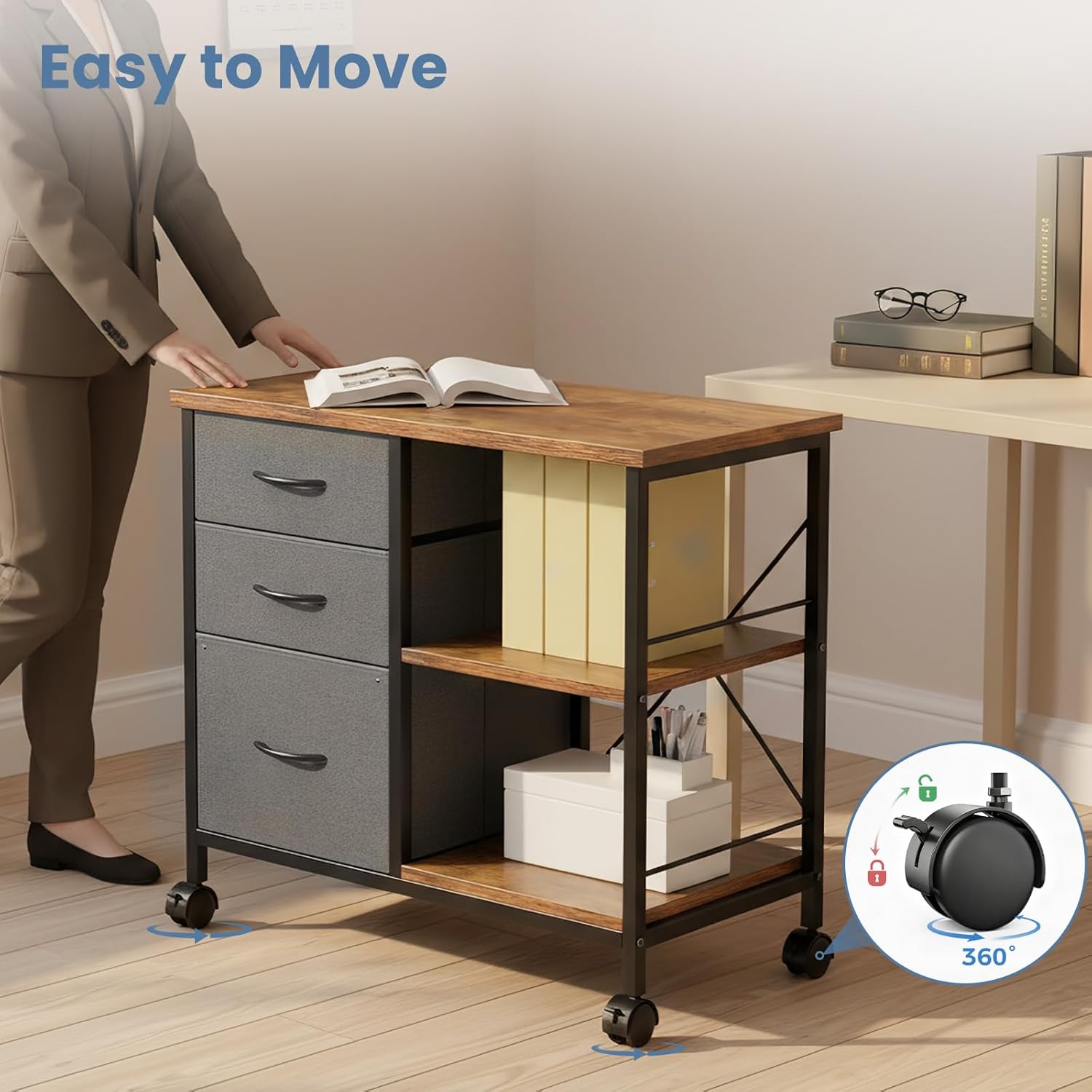 DUMOS 3-Tier Mobile File Cabinet, Printer Stand with Storage, Office Table with Drawers and Back Support Bar, Holds 110lb for Home Office, Rustic Brown