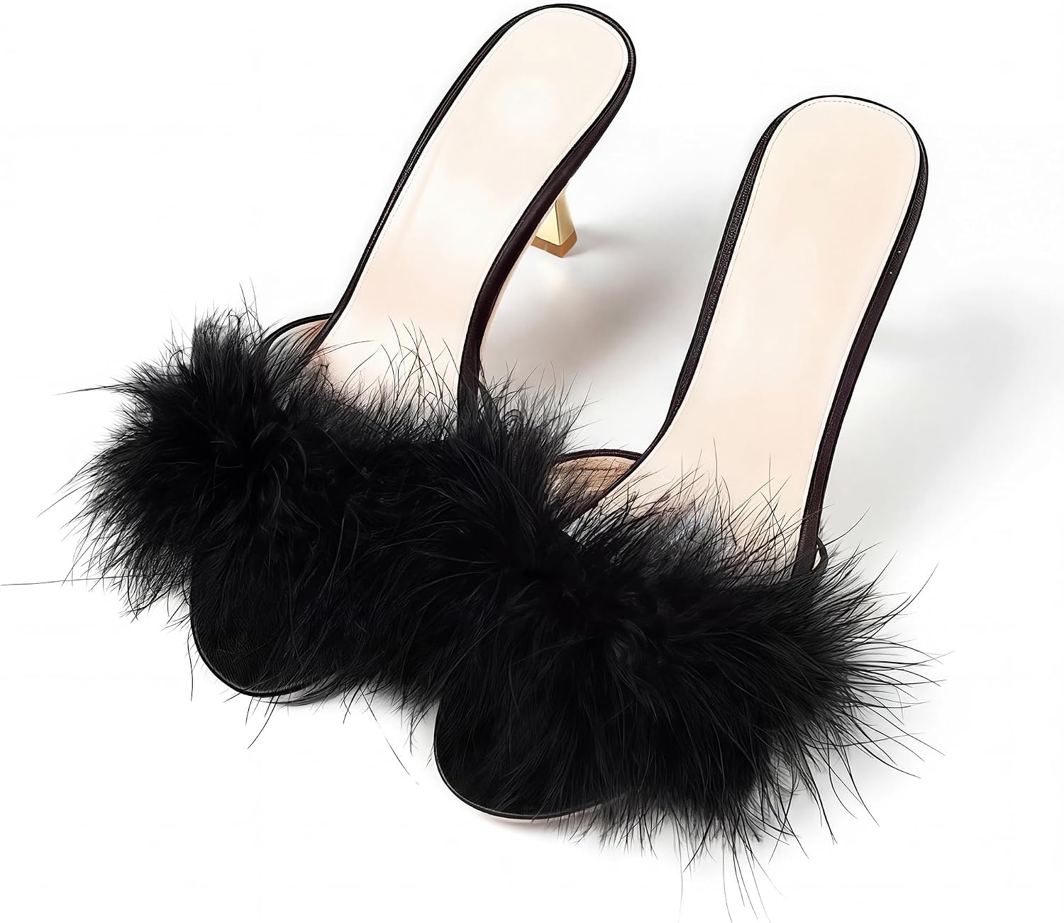 Women Sexy Slippers Fur Heels Fluffy Feather Kitten Heel Slippers Open Toe | 3 Inch Heeled Slide Sandals for Lingerie Date Night Club Cocktail Party Fancy Fuzzy Sheos Prom Evening Furry Slides Novelty