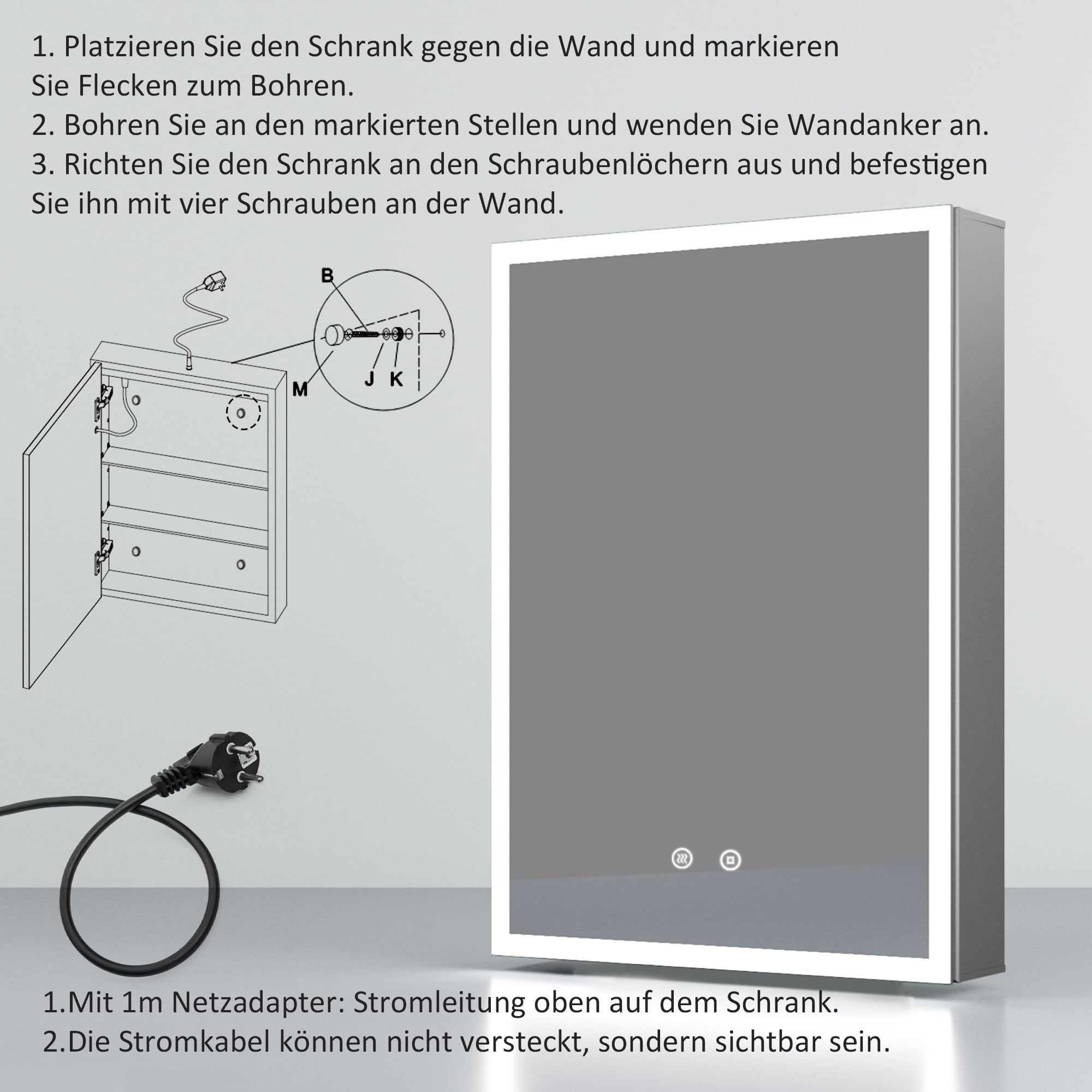 LED Spiegelschrank mit Beleuchtung 50x70x13,5cm Badezimmerschrank, Bad Metall Badschrank Medizinschrank Spiegel Kabinett mit 3-Farben Dimmbar, Beschlagfrei, 2 Glasablage