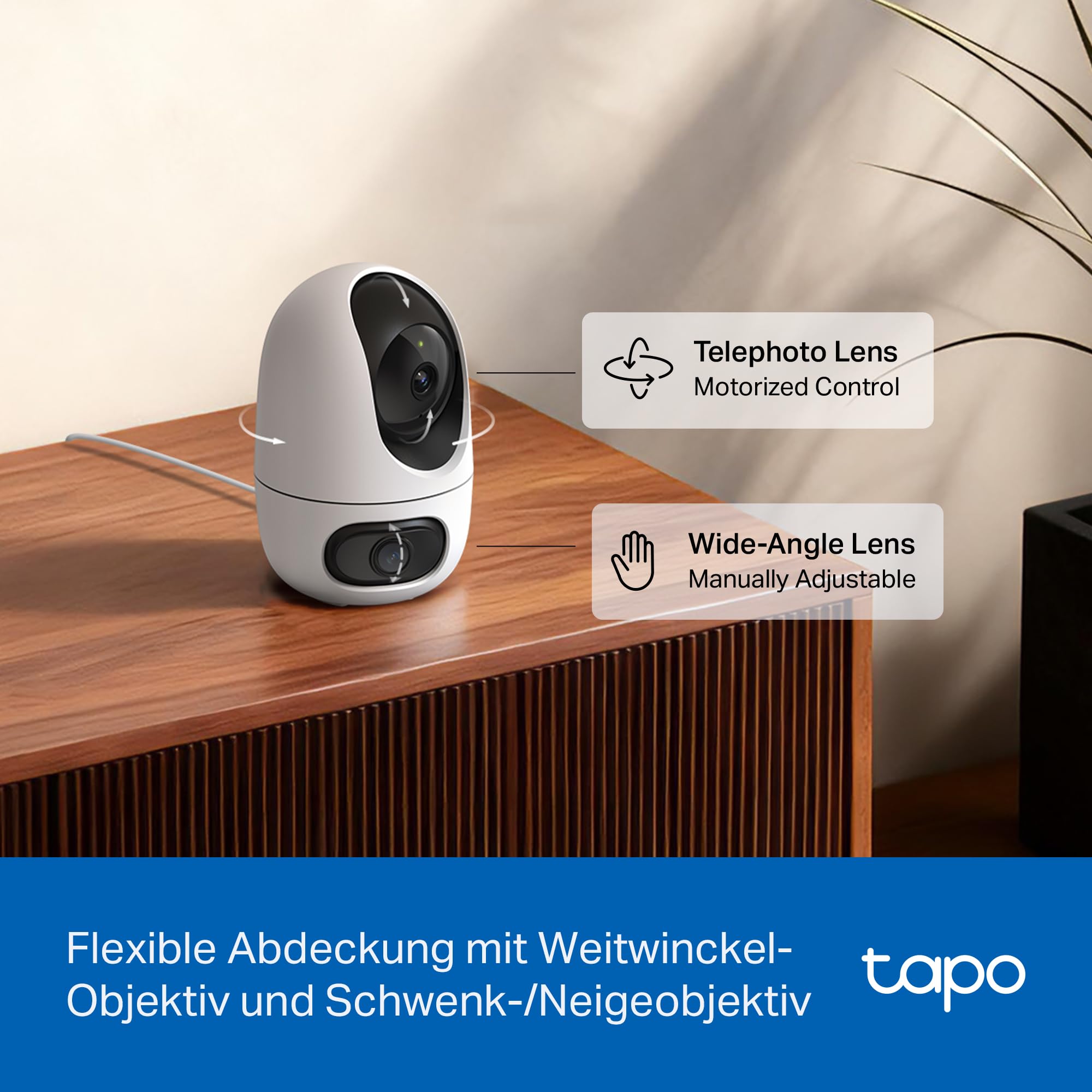 Tapo C245D Dual Kamera Überwachung Innen, 2K Weitwinkel- & Teleobjektiv, 2 Bereiche gleichzeitig überwachen, KI-Erkennung ohne ABO, IR-Nachtsicht, lokale Speicher mit Micro-SD oder H500 CentralHub