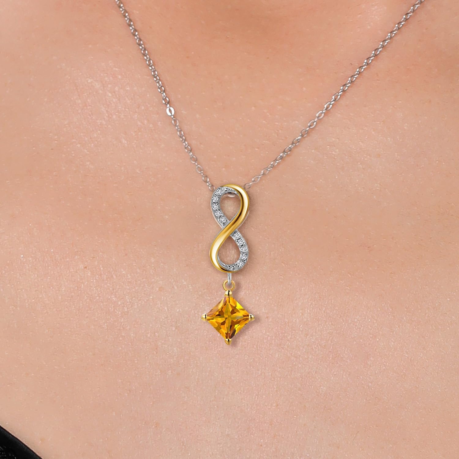 Gem Stone King 925 Silver and 10K Yellow Gold Yellow Citrine and Lab Grown Diamond Pendant Necklace for Women | 1.28 Cttw | Gemstone November Birthstone | Princess 5MM | With 18 Inch Chain - Image 3