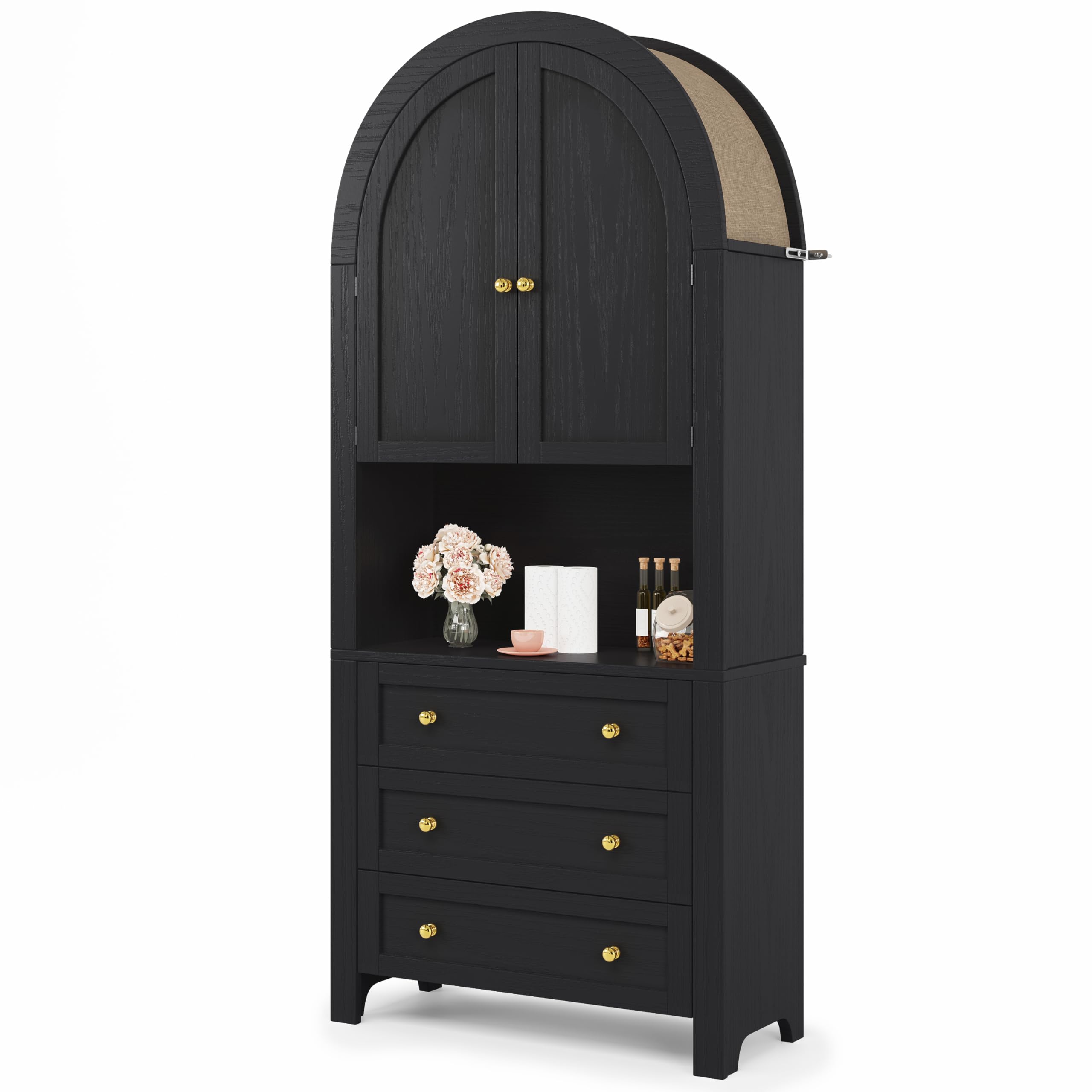 Armadio ad arco con cassetti, ante e scomparti aperti, colore nero