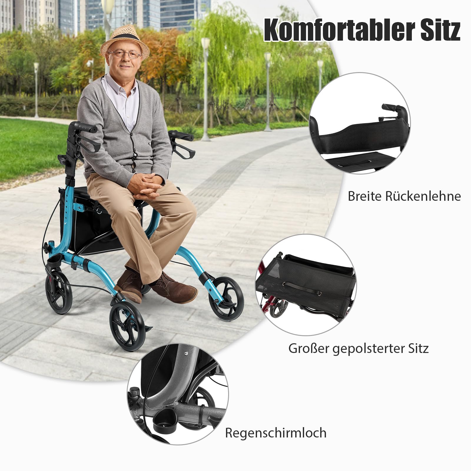 RELAX4LIFE Aluminium Rollator Faltbar und Leicht, Gehhilfe für Senioren mit Sitz & Rückenlehne, Rollatoren Schmal für Wohnung, höhenverstellbaren Griffen & Aufbewahrungstasche, bis 136 kg (Blau)