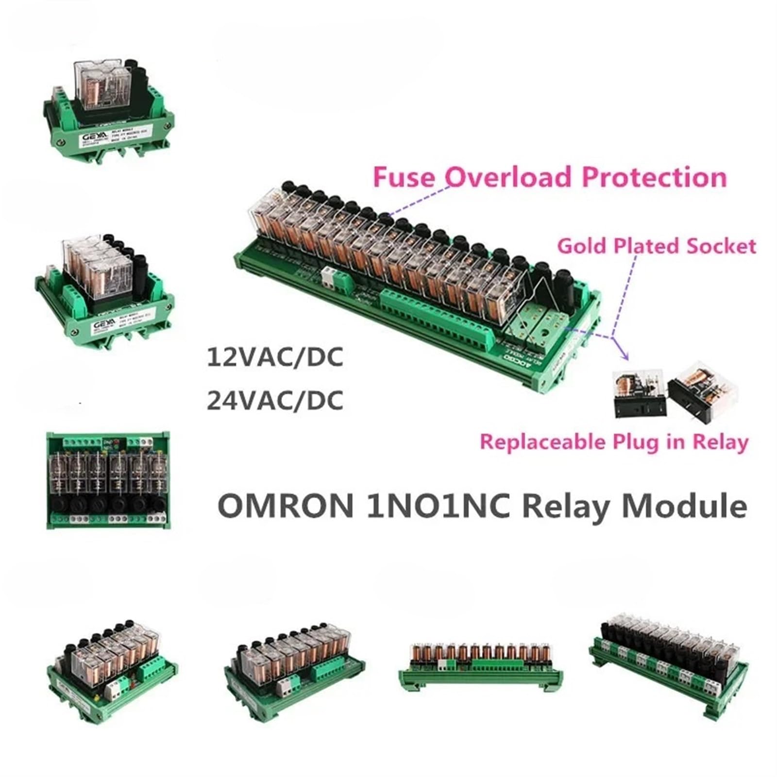 4-kanałowy moduł przekaźnikowy NGG2R, płyta OM z zabezpieczeniem bezpiecznikiem, 1NO/1NC, 12 V/24 V AC/DC (FUSE-4C-12VACDC)