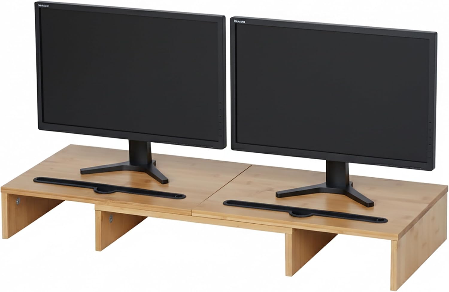 Relaxdays Monitor Stand, 2 Monitors, Extendable Segments, Width 74-105 cm, Ergonomic PC Shelf Made of Bamboo, Natural