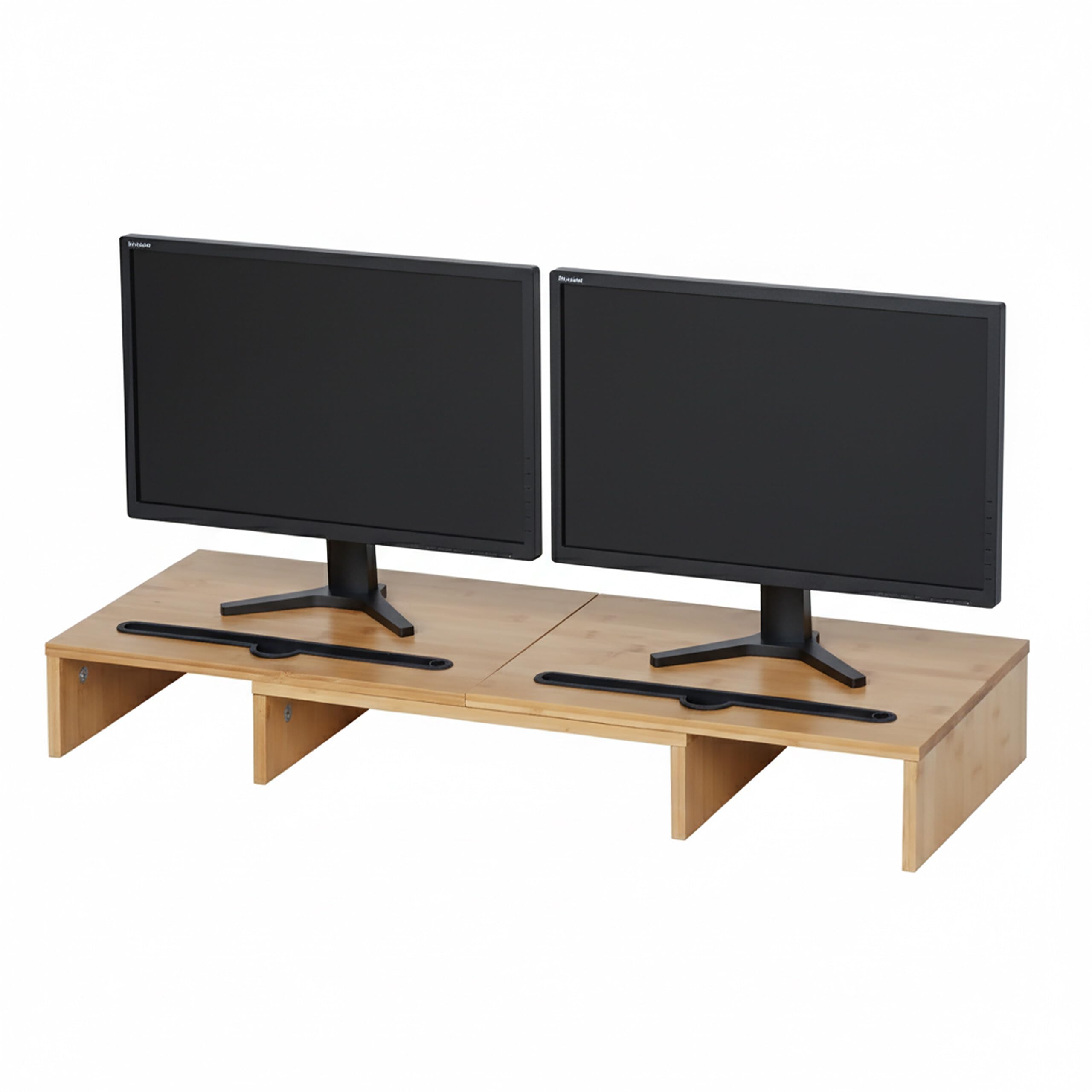 Support de moniteur double en bambou naturel avec tablette ergonomique