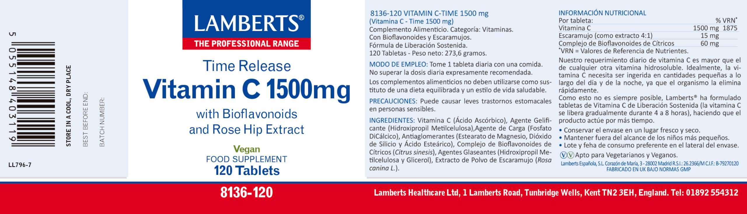Lamberts Vitamina C 1500 mg | Liberación Sostenida | 120 Tabletas | Una al Día | Con Bioflavonoides y Escaramujo | Calidad Farmacéutica GMP