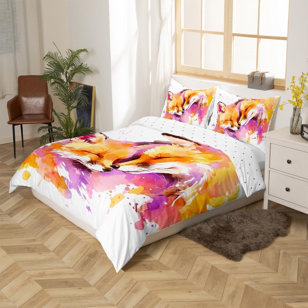 jejeloiu Fox Duvet Cover Toddler Size Kids Cute Cartoon Fox Comforter Cover Set for Boys Girls Teens Graffiti Bedding Set Breathable Animal Bedspread Cover Room Decor Quilt Cover