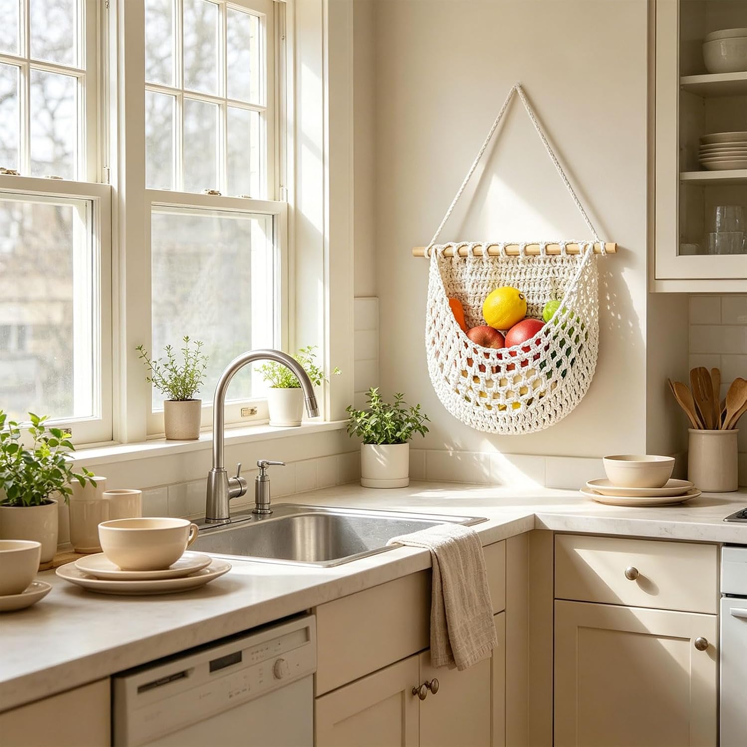 Hanging Fruit Basket for Kitchen – Boho Cotton Rope Wall Storage (1, white)