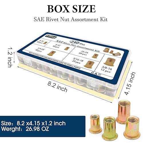 Miniatura 7 de Vifmy - Kit surtido de tuercas de remache SAE (240 piezas), #6-32#8-32#10-24 14"-20 516"-18 38"-16 UNC, con inserto roscado, acabado chapado en