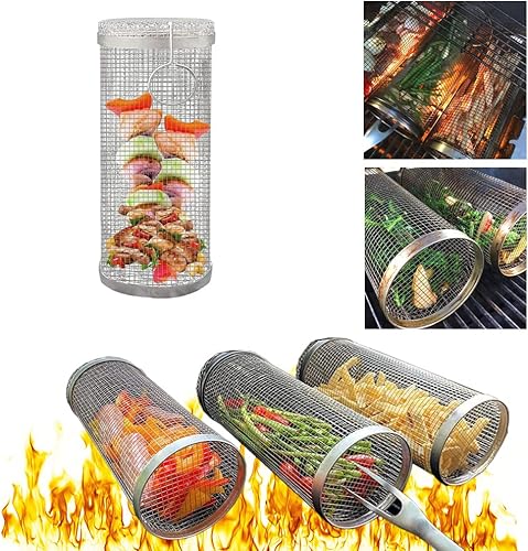 Cesta de parrilla rodante Tubo redondo de acero inoxidable para barbacoa, portátil al aire libre para acampar al aire libre, bolsa de barbacoa