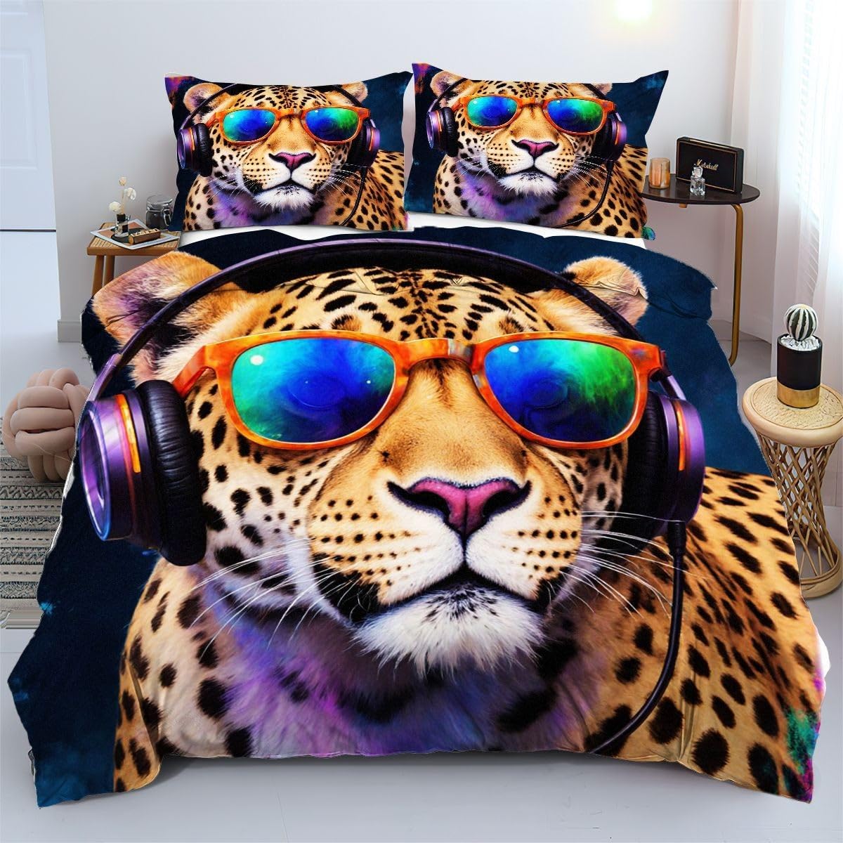 Parures de lit 240x260 panthère colorée housse couette microfibre