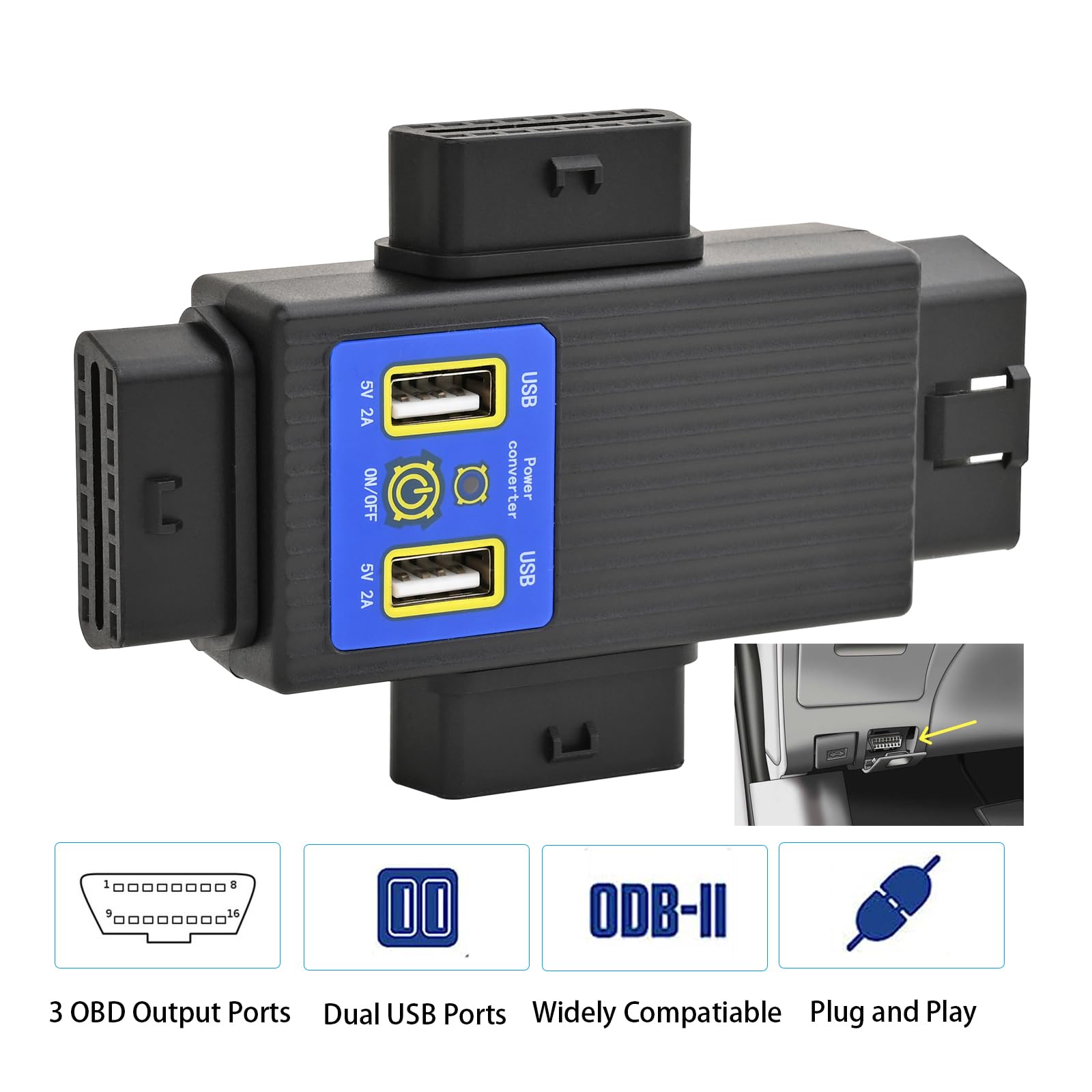 iKKEGOL Pocket OBD2 OBDII Full 16 broches 1 mâle vers 3 femelles OBD Câble Splitter Convertisseur Adaptateur avec 2 ports USB Alimentation Charge pour Extension de Diagnostic (1 à 3 Répartiteurs)