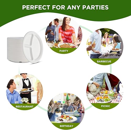 Miniatura 6 de WGCC Platos de papel desechables de 10 pulgadas con 3 compartimentos [paquete de 50] – Platos de papel 100% compostables, platos divididos