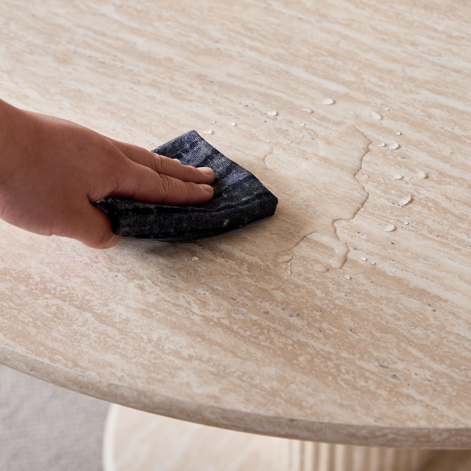 Table à Manger Ronde, Pieds Cylindriques, Aspect Marbre, Design Minimaliste Moderne, pour Salon ou Cuisine, 115 x 115 x 75 cm - Travertin Jaune