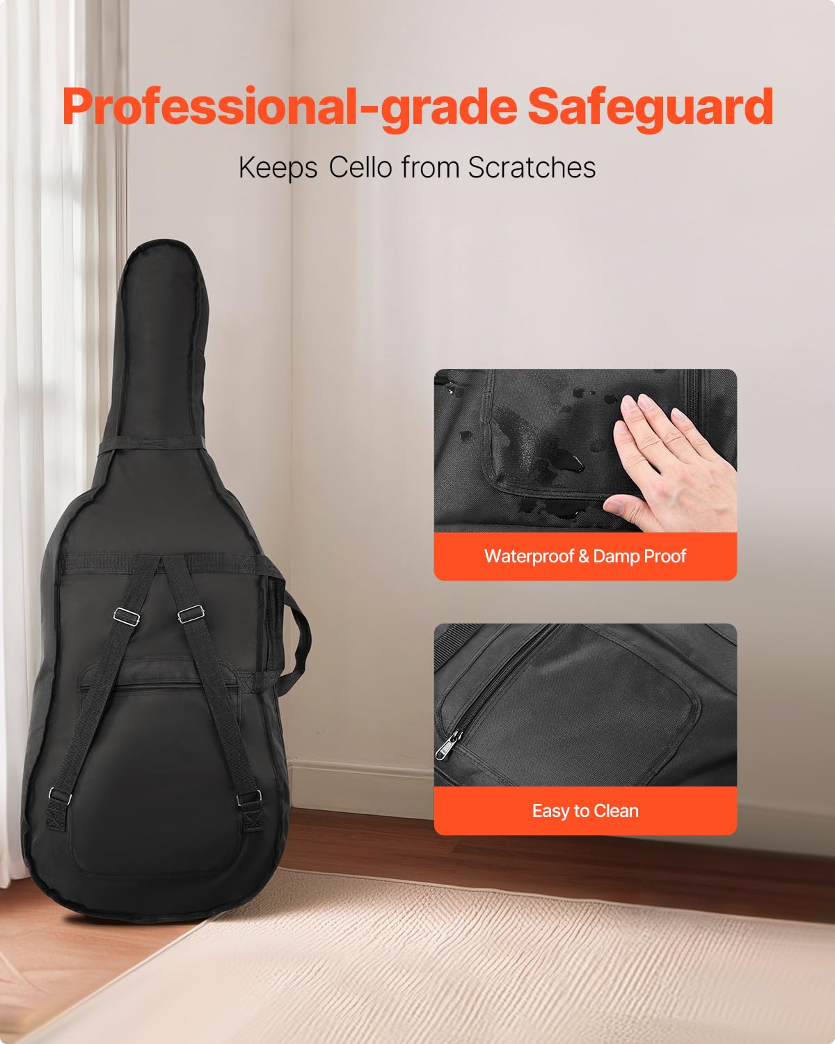 VEVOR Custodia per Violoncello 4/4 Dimensione Completa, Impermeabile Leggera Portatile in Nylon, con Maniglia Rinforzata, Doppie Tracolle, Antigraffio, Professionale a Forma di Violoncello Nero