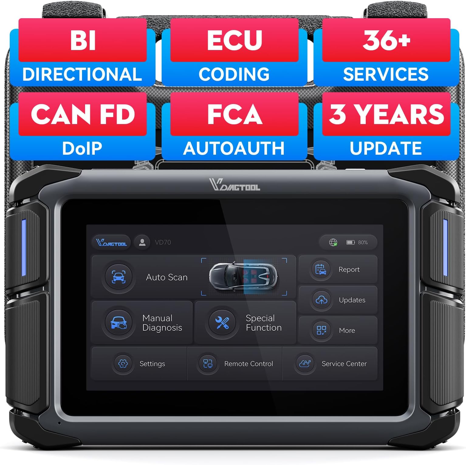Bidirectional Car Diagnostic Tool VDIAGTOOL VD70, All System OBD2 Scanner Scan Tool with ECU Coding, 36+ Resets, FCA AutoAuth, PMI, CAN FD & DoIP, V.A.G. Guide, 3-Year Free Update Diagnostic Scanner