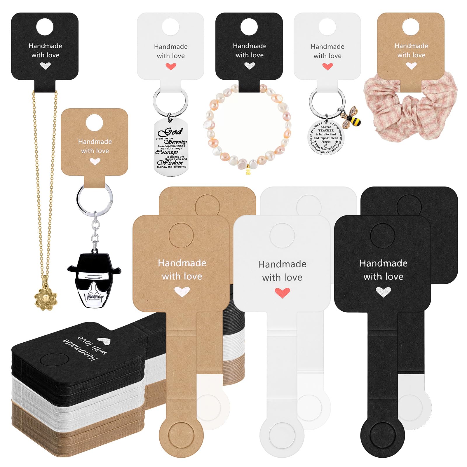 Glarks 300pcs 2 x 5In Jewelry Display Card Set, Brown, Black, White Kraft Paper Bracelet Display, Hang Tags, Key Chains