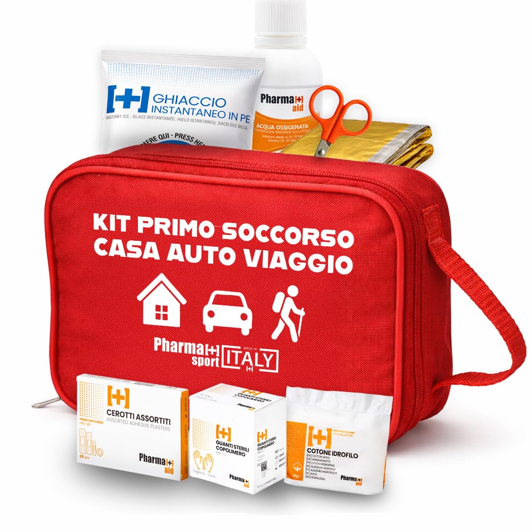 PHARMAPIÙ SPORT – Kit Primo Soccorso per Casa, Auto e Viaggio | Borsa Emergenza Completa con Garze, Cerotti, Disinfettante e Guanti | MADE IN ITALY