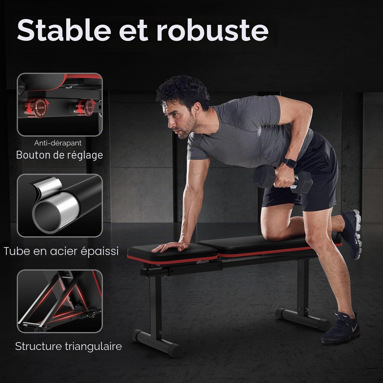PASYOU Banc Musculation Pliable, Banc Muscu Plat et Inclinable Multi-Niveaux avec 300KG de Capacité de Charge, Réglable Banc de Musculation pour Salle de Sport à Domicile Double Cadre.