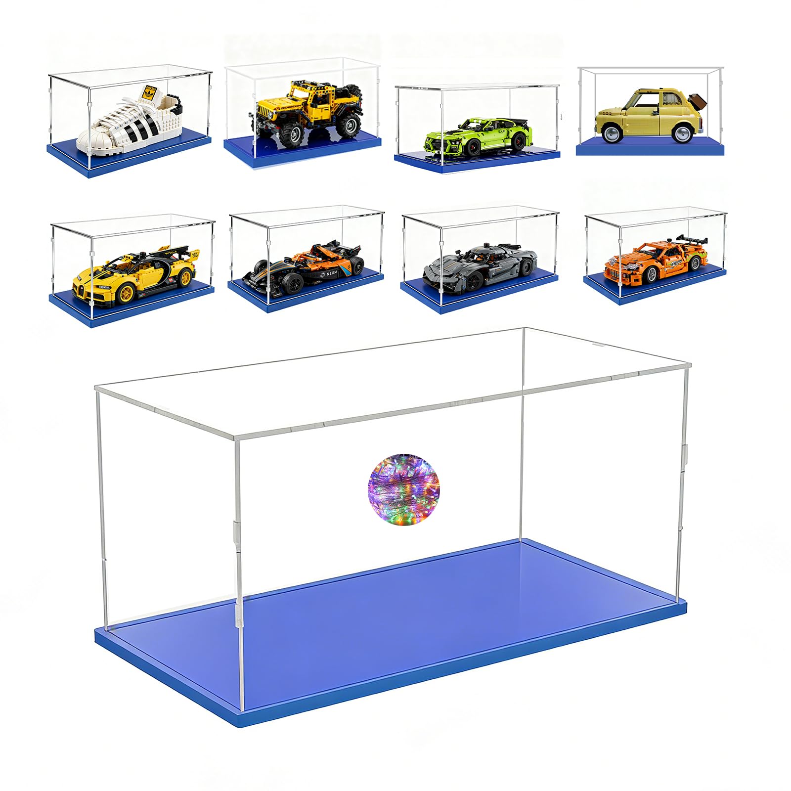Teca Espositiva 35x15x15 con Base Blu,3mm Acrilico Trasparente Antipolvere Vetrina per Modellini Auto 1/18 Ford Mustang Shelby GT500 42138 Jeep Wrangler Lamborghini Huracan 42161 Bugatti Bolide 42151