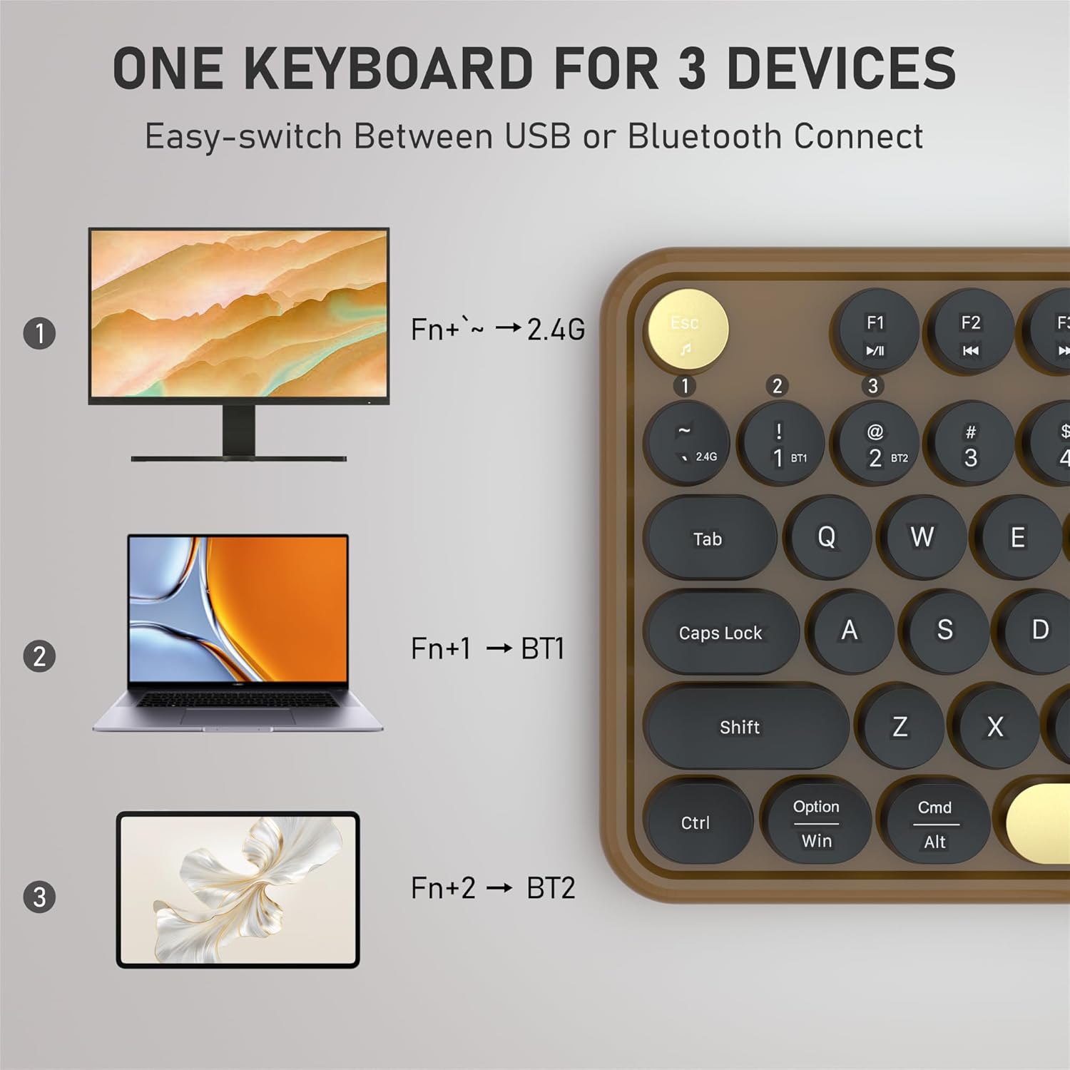 Colorful Wireless Bluetooth Keyboard, 2.4G & Dual Mode Multi-Device Typewriter Retro Keyboard for PC Laptop Tablet Phone (Black-Brown)
