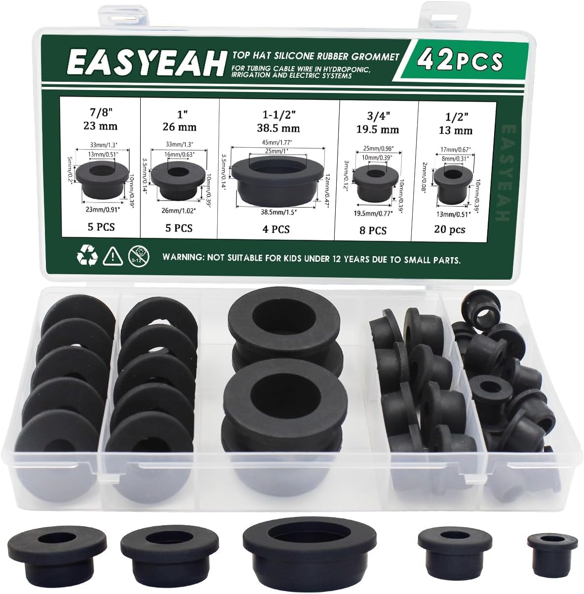 42 Pack Top Hat Rubber Grommets for Wiring Assortment Kit Waterproof Wire Grommets Automotive, Firewall Silicone Plug for Holes, Vinyl Tubing in Hydroponic and Irrigation Systems, 5 Sizes
