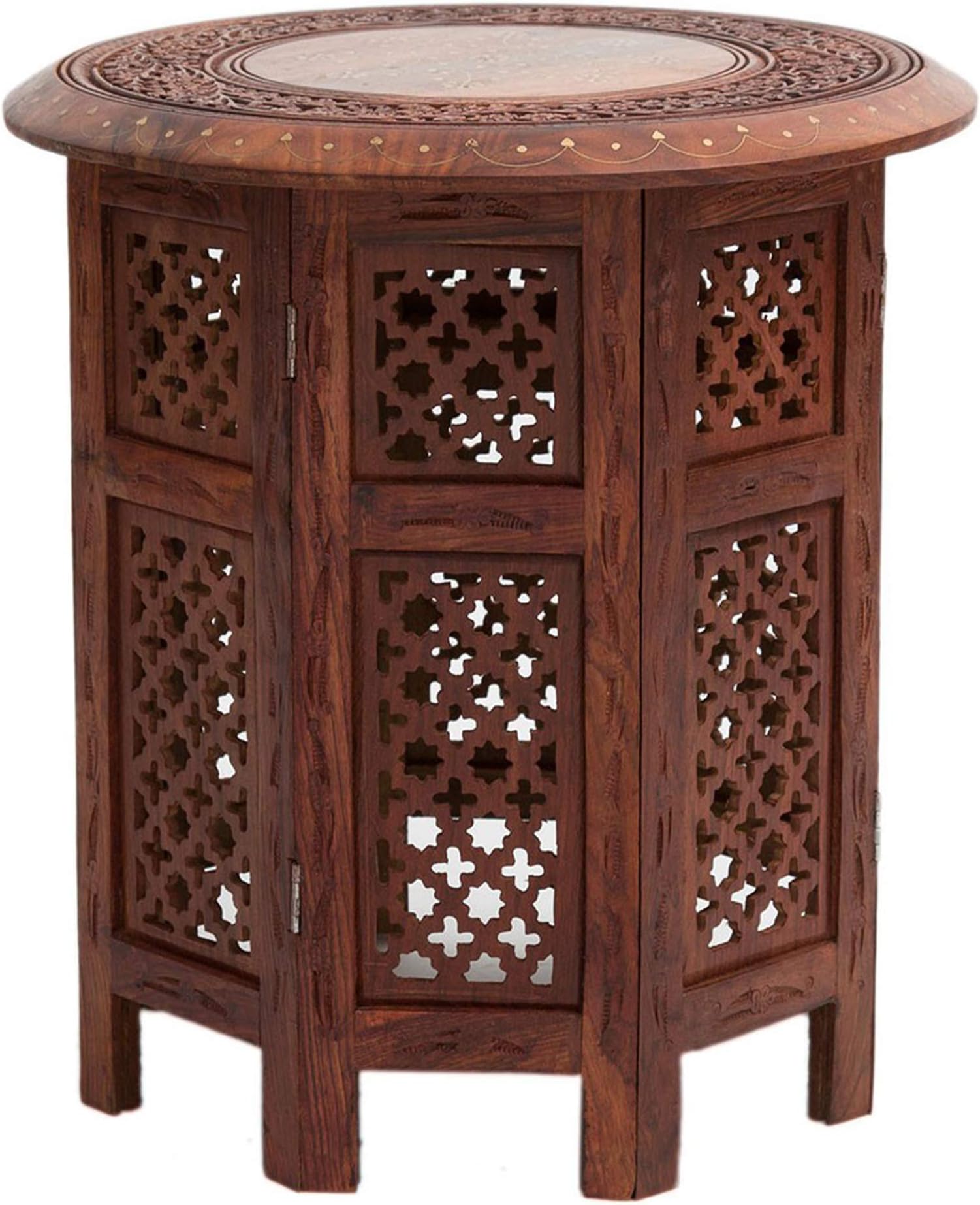 Hand Carved Accent Table - 24 Inch Round Top x 24 Inch High - Antique Light Brown