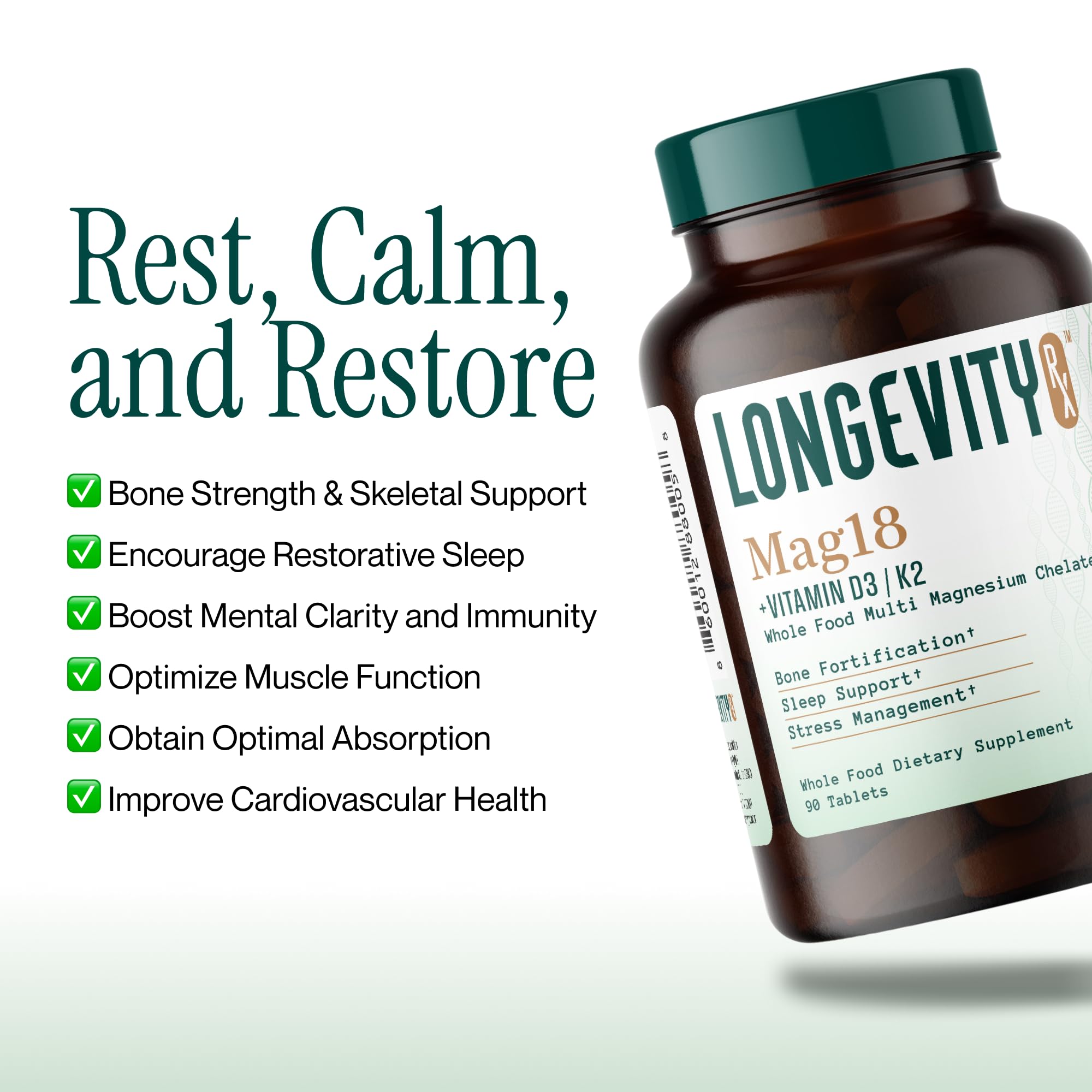 Longevity Rx Mag18 Peptide-Bound Magnesium Complex with D3 & K2, Bone & Muscle Support, Mental Clarity, Sleep Aid thumbnail 3