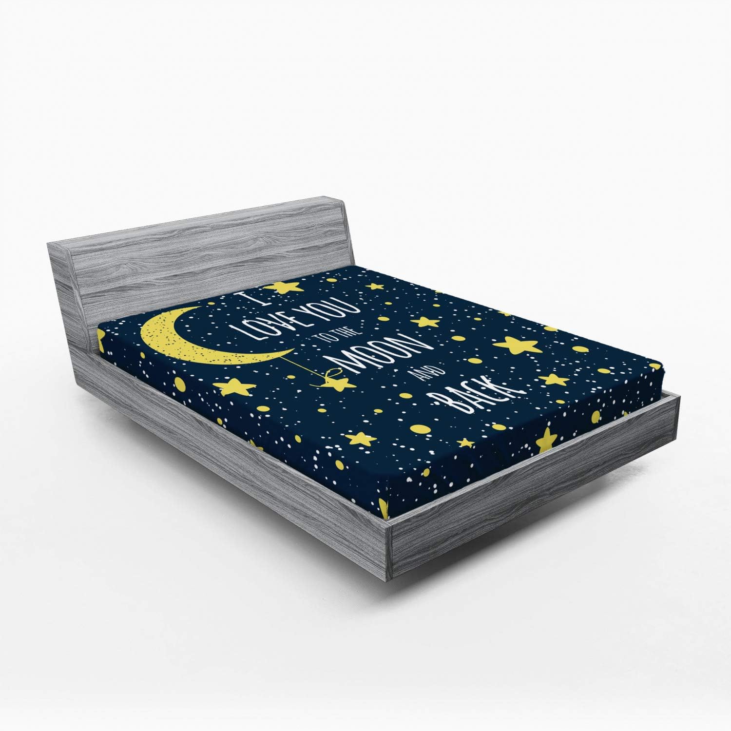 Ambesonne Saying Fitted Sheet, Stars and Typography of I Love You to The Moon and Back with Circles, Bed Cover with All-Round Elastic Deep Pocket for Comfort, Queen Size, Blue Yellow