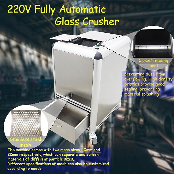 Glass Crusher Fully Automatic Glass Bottle Crushing Machine Industrial Material Grinder Coal Pulverizer Electric Shatter, 220V, 2.5KW