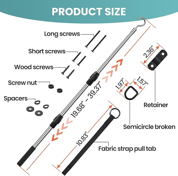 Attic Pull Down Hook, Extendable Attic Pull Rod, Attic Ladder Pull Down System Kit Contains One 40-Inch Telescopic Pole, 1 * D-Ring, 1 * O-Ring with Rope Around It